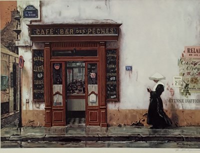 Lot 15 - Bruce Bomberger (1918-1980): Cafe Bar Des Peches, lithograph in colours, signed in pencil, 62.5x48.5cm