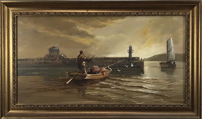 Lot 17 - Terry Burke (1927-2018): oil on canvas, sailing out of the harbour at sunset, 75.5x39.5cm