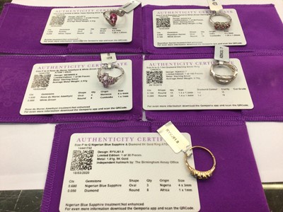 Lot 1046 - 9ct gold gem set ring and four silver gem set rings, all in pouches with certificates