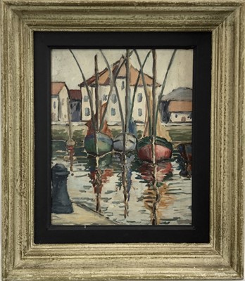 Lot 29 - Continental school, 20th century oil on board, moored boats, 21x25.5cm