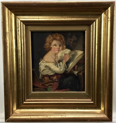 Lot 28 - English school, 19th century oil on panel, portrait of a seated young girl with book, 14x17cm