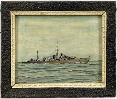 Lot 27 - English school, 20th century oil on board, maritime scene of a battleship, signed and dated lower right, 24.5x19.5cm