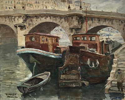 Lot 24 - L.Martin (French, 20th century): oil on board, moored boats by bridge, signed and dated lower left, 41x33cm