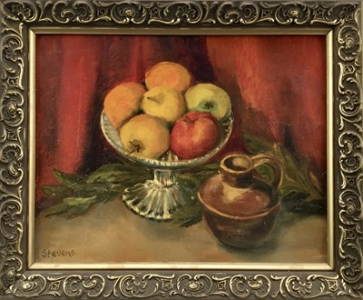 Lot 66 - Stevens: oil on board, still life of fruits, 34x27cm