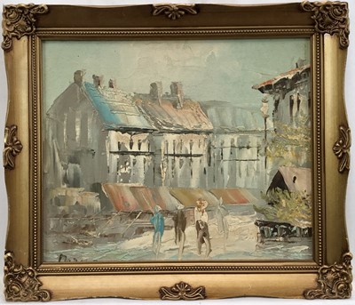 Lot 65 - Continental oil on board, street scene, indistinctly signed, 29x24cm