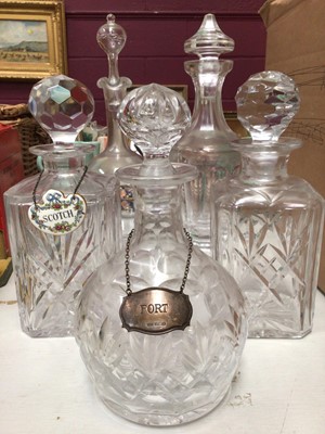 Lot 365 - Five glass decanters, one with silver Port label and other glass ware