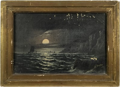 Lot 59 - W.Burton: 19th century oil on board, maritime scene, English coast at moonlight, 29.5x19.5cm