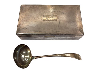 Lot 1055 - Silver cigar box, Georgian silver ladle and group of plated flatware