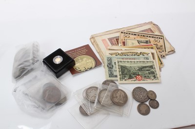 Lot 476 - World - Mixed coins & banknotes to include Alderney gold proof 1/8 Sovereign 2021