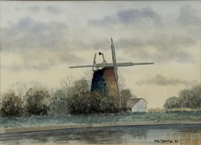 Lot 22 - Peter Stanton (Contemporary): watercolour, Cambridgeshire landscape, view of a windmill, 34x24.5cm