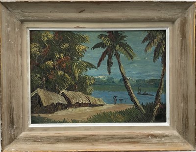 Lot 18 - 20th century oil on board, exotic river landscape with palms, 30x20.5cm