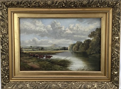 Lot 47 - English school, 19th century oil on canvas, river landscape with cows, 40.5x27cm