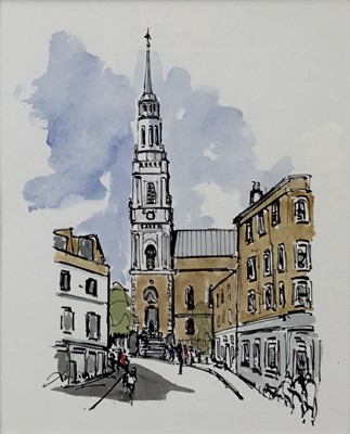 Lot 21 - Les Williams (Contemporary): pen and wash, St John's Church, Clerkenwell, 20x24.5cm