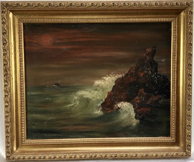 Lot 38 - Bertois (French 20th century): oil on canvas, rough seas and rock, 40x31.5cm