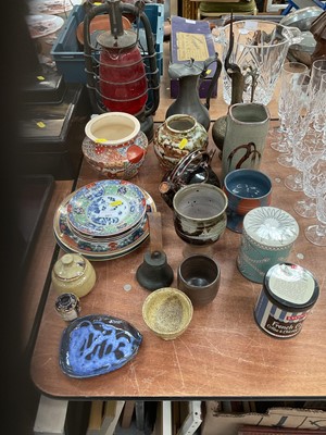 Lot 487 - Collection of studio pottery ceramics together with pewter jug and cover, lamp and sundry items