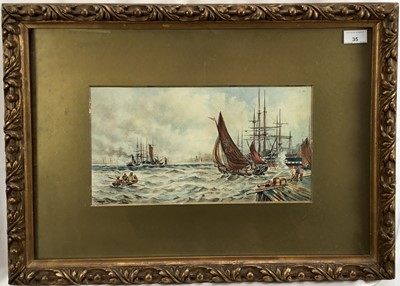 Lot 35 - Manner of Thomas Bush, Hardy (1842-1897): watercolour, ships, and harbour, 37x20cm