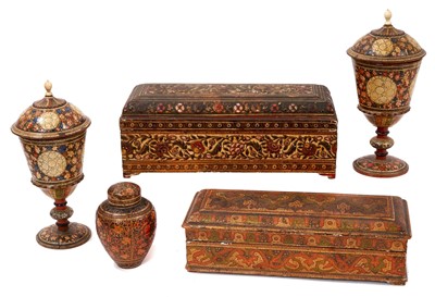 Lot 1094 - Collection of antique Indian Kashmiri lacquer ware - pair of cups and covers with bone finials and small vase and cover and two rectangular boxes