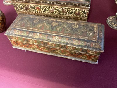 Lot 1094 - Collection of antique Indian Kashmiri lacquer ware - pair of cups and covers with bone finials and small vase and cover and two rectangular boxes