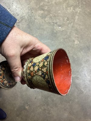 Lot 1094 - Collection of antique Indian Kashmiri lacquer ware - pair of cups and covers with bone finials and small vase and cover and two rectangular boxes