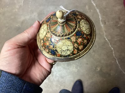 Lot 1094 - Collection of antique Indian Kashmiri lacquer ware - pair of cups and covers with bone finials and small vase and cover and two rectangular boxes