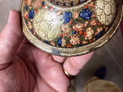 Lot 1094 - Collection of antique Indian Kashmiri lacquer ware - pair of cups and covers with bone finials and small vase and cover and two rectangular boxes