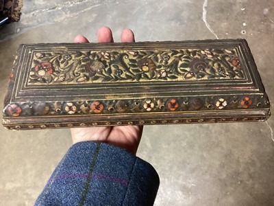 Lot 1094 - Collection of antique Indian Kashmiri lacquer ware - pair of cups and covers with bone finials and small vase and cover and two rectangular boxes