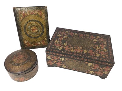 Lot 1095 - Antique Indian Kashmiri lacquer ware, including a large rectangular box and round box and blotter