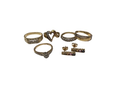 Lot 60 - 14ct gold diamond single stone ring with diamond set shoulders, four other gold (stamped 585) gem set rings and pair of gold (585) multi gem earrings