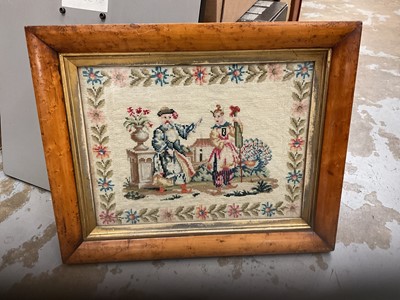 Lot 647 - 19th century gross point embroidery with leaf and flower border in maple frame with central Oriental figures.