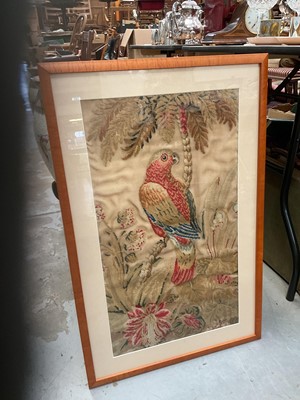 Lot 646 - 19th century gross point embroidery of a parrot in a palm tree in maple frame