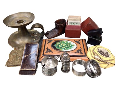 Lot 403 - Box of miscellaneous items including Arts & Crafts candlestick, silver items, carved wooden shoe etc