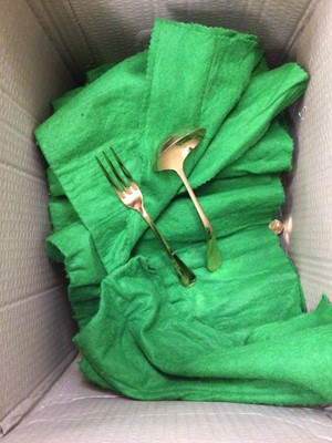 Lot 56 - Sundry items, including a set of gilt cutlery, silver plate, a gold-collared umbrella, etc (3 boxes)