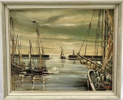 Lot 77 - Colton-Maybury (Contemporary): oil on board, boats leaving Lowestoft Harbour, 49.5x39cm