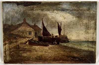 Lot 83 - British school, a 19th century oil on canvas, boats on coastline,46x31cm