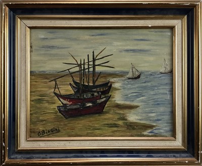 Lot 85 - G.Biagini (20th century): oil on canvas, ships on the bay, signed lower left, 34x26cm