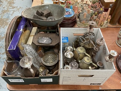 Lot 450 - Victorian silver pin dish, together with silver plated and other metalware to include a set of kitchen scales and candelabra.