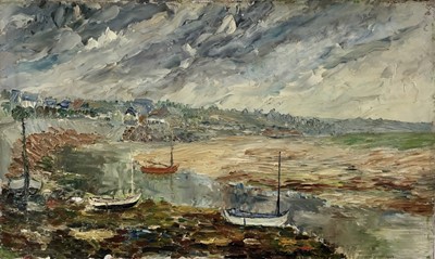 Lot 95 - French school, a 20th century oil on board, harbour scene with boats 55x33cm