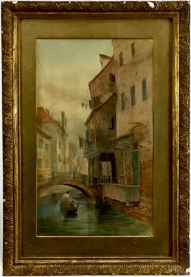 Lot 96 - F. Da Ponte Player (19th century): watercolour, canal scene in Venice, 27x45cm