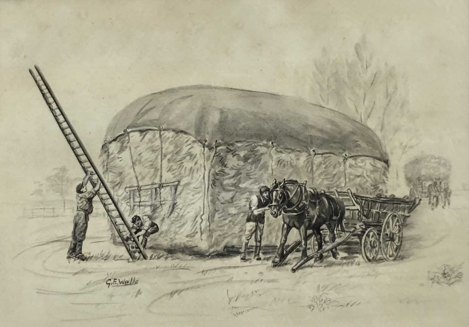 Lot 98 - G.E.Wells (Contemporary): Ink wash, horse and cart with a stack, signed lower left, 33x 33.5cm