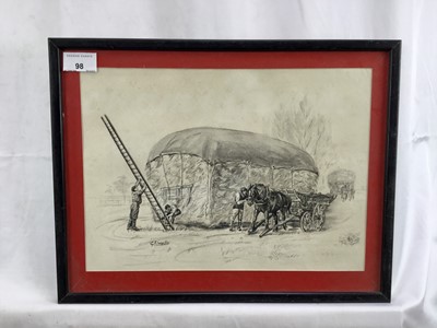 Lot 98 - G.E.Wells (Contemporary): Ink wash, horse and cart with a stack, signed lower left, 33x 33.5cm