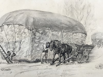 Lot 98 - G.E.Wells (Contemporary): Ink wash, horse and cart with a stack, signed lower left, 33x 33.5cm