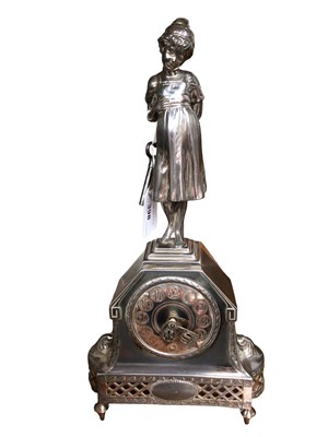 Lot 398 - Early 20th century silver plated clock with female figure surmount