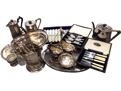 Lot 396 - Victorian silver plated teapot, cased sets of cutlery and sundry silver plated wares