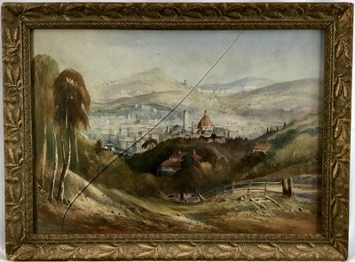 Lot 105 - Grand Tour type, watercolour, view of a town from a valley with trees, signed lower right, 43x31cm