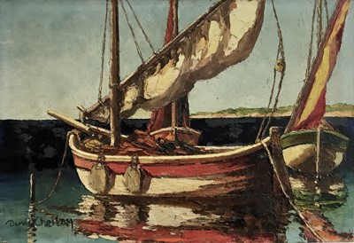 Lot 107 - French school, 20th century oil on board, two boats at sea, signed lower left, 55x38cm