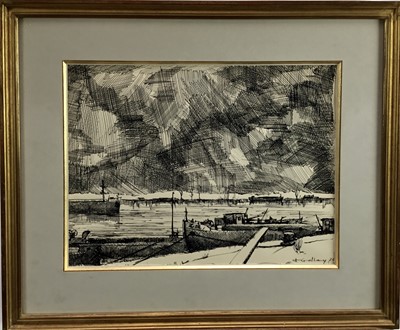 Lot 108 - J. Gallay (French, 20th century): pen and ink, harbour scene, signed and dated lower right, 38.5x29cm