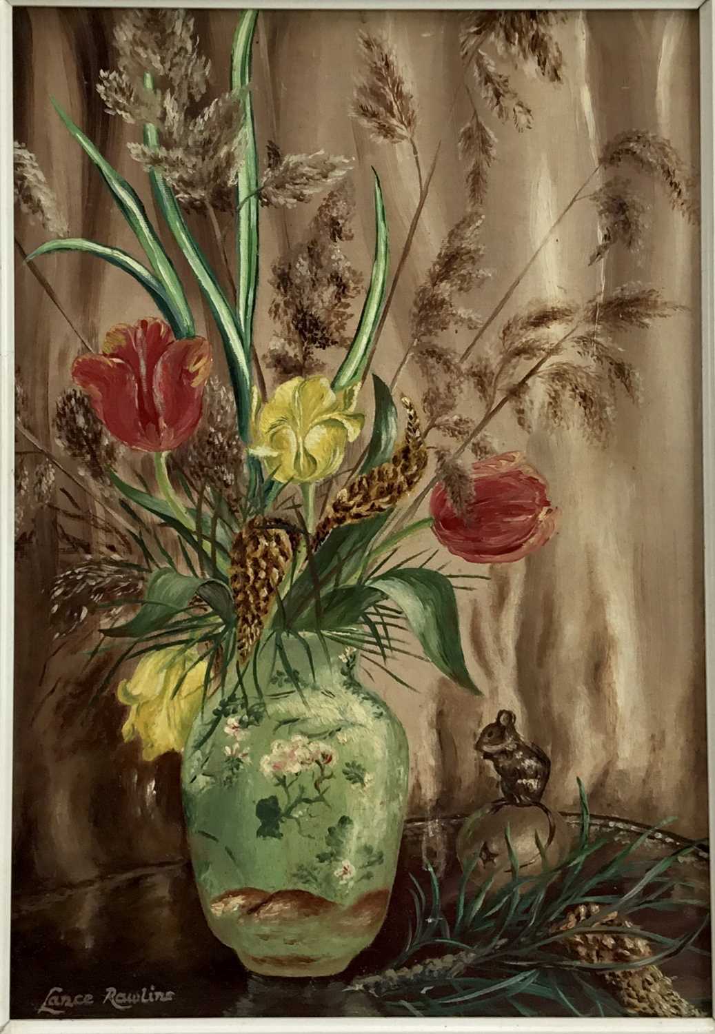 Lot 110 - Lance Rawlins: 20th century oil on board, still life of flowers, signed lower left, 32x46.5cm