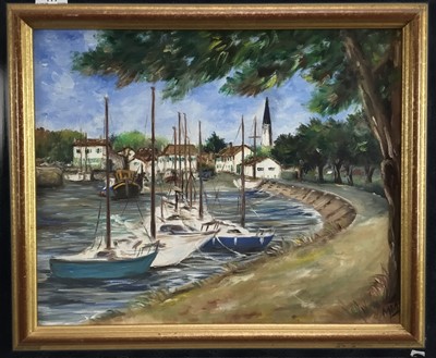 Lot 111 - Maud Mabila (French, 20th century): oil on canvas, French harbour scene, 44.5x36cm