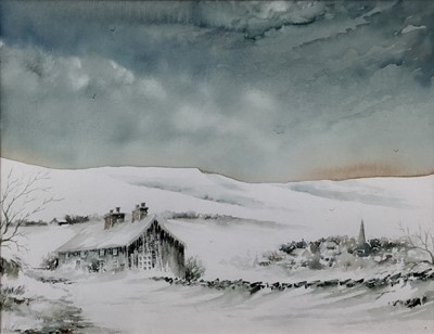 Lot 112 - British school, 20th century watercolour, snowy winter landscape, signed lower, right, 38.5x29.5cm