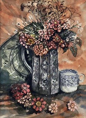 Lot 118 - John Bell (Contemporary): watercolour, still life of a vase of flowers with porcelain teacup, 33x25cm